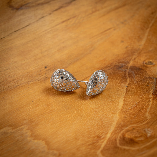 Sterling Silver, Rhodium Plated Geometric Teardrop Honeycomb Stud Earrings
