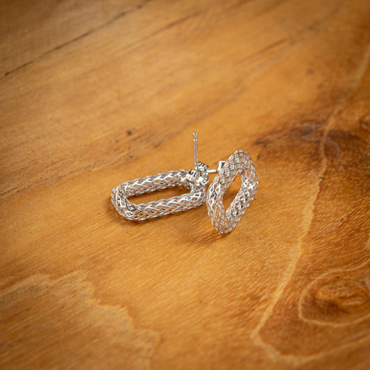 Sterling Silver, Rhodium Plated Ellipse with Diamond Pattern Stud Earrings