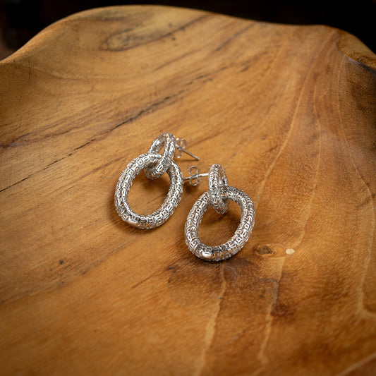 Sterling Silver, Rhodium Plated Geometric Honeycomb Cable Stud Earrings