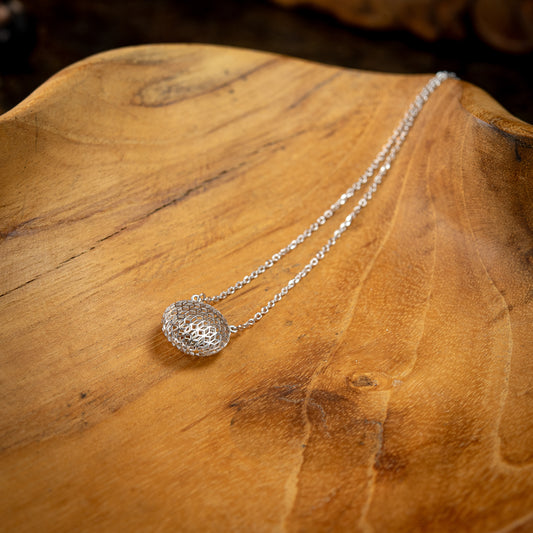 Sterling Silver, Rhodium Plated Geometric Sphere Honeycomb Pendant Necklace