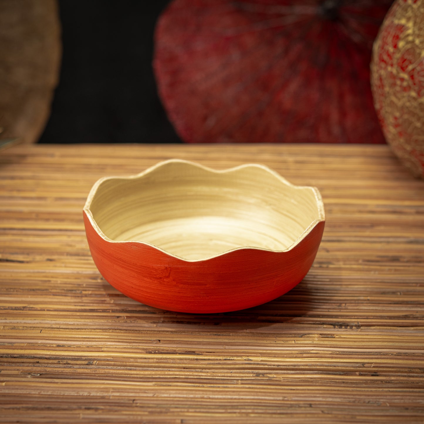 Bamboo Wave Cut Bowl Natural Inside; Color Painted Outside