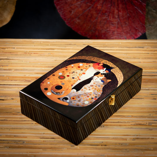 Cats/Moon Painted on Top Rectangle Lacquer Jewelry Box with Mirror and Key