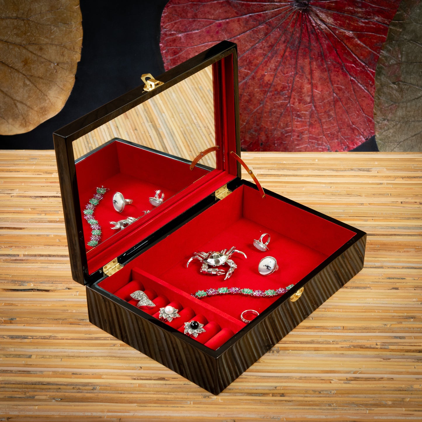 Cats/Moon Painted on Top Rectangle Lacquer Jewelry Box with Mirror and Key