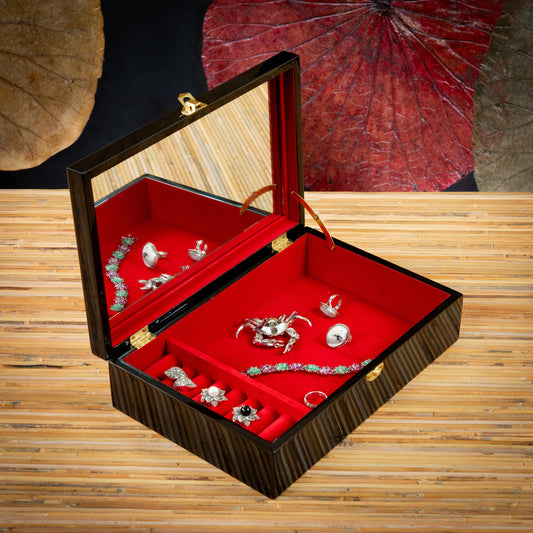 Cats/Moon Painted on Top Rectangle Lacquer Jewelry Box with Mirror and Key