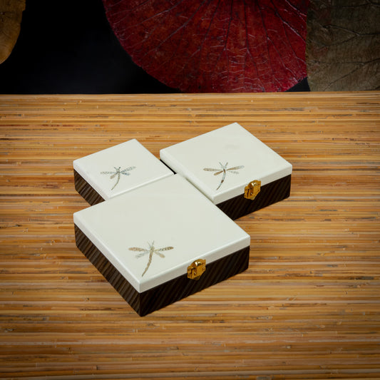Dragonfly Design Square Lacquer Jewelry Box with Mirror and Egg Shell