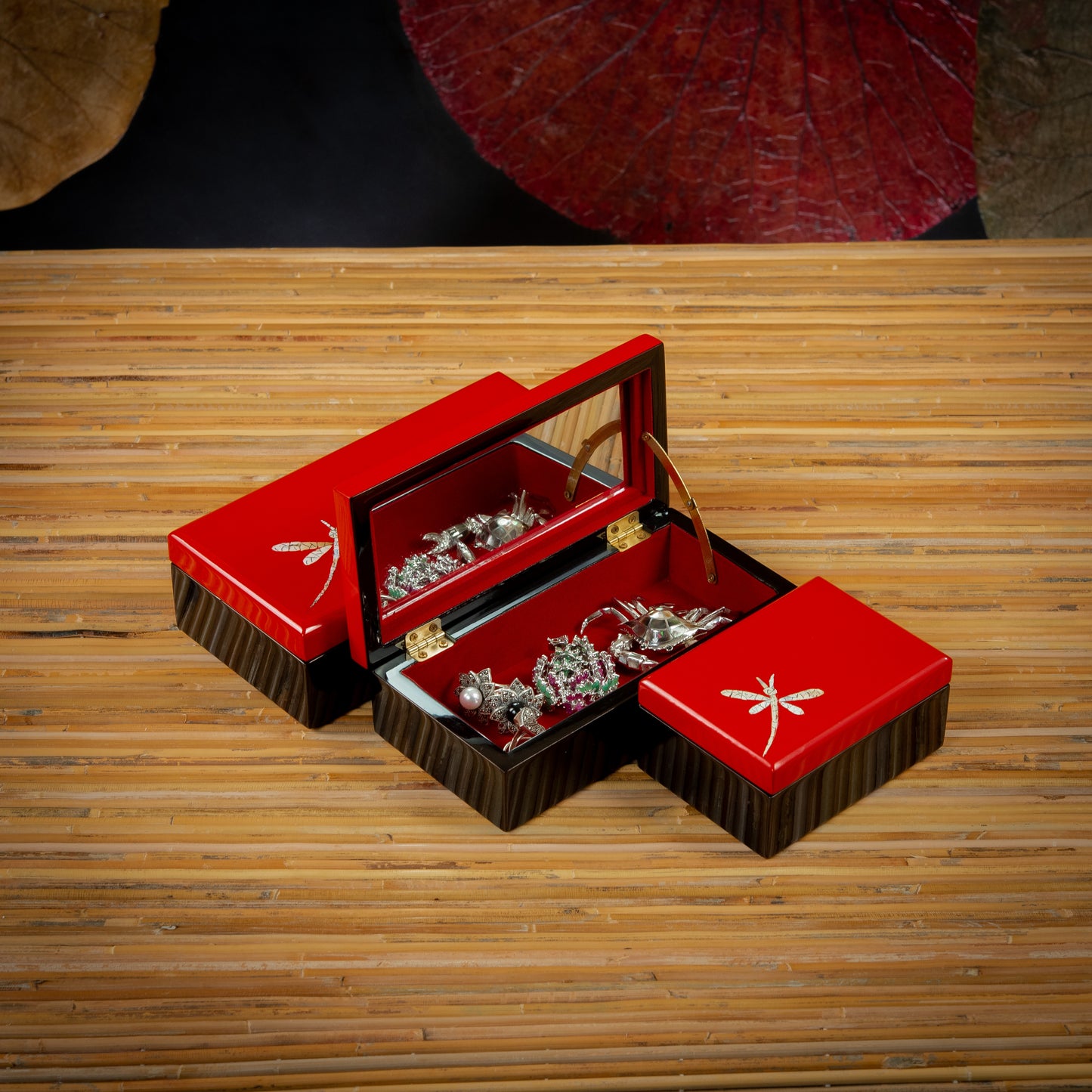 Dragonfly Design Rectangle Lacquer Jewelry Box with Mirror and Egg Shell