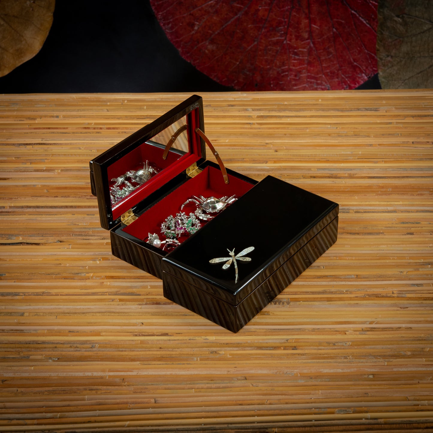 Dragonfly Design Rectangle Lacquer Jewelry Box with Mirror and Egg Shell