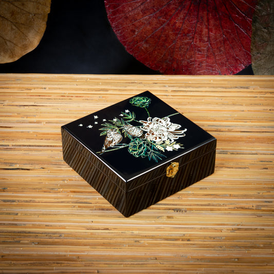 Bird/Lotus Painted on Top Square Lacquer Jewelry Box with Mirror and Key, Size 20x20cm