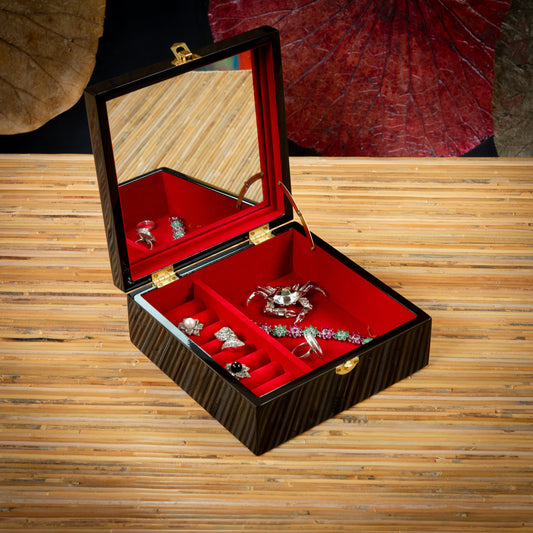 Bird/Lotus Painted on Top Square Lacquer Jewelry Box with Mirror and Key, Size 20x20cm