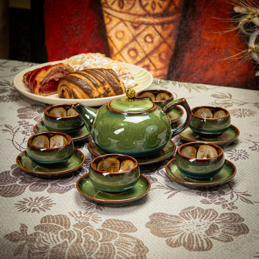 Green/Brown Ceramic Tea Set with 1 Long Teapot, 6 Flower Tea Cups & Round Coasters