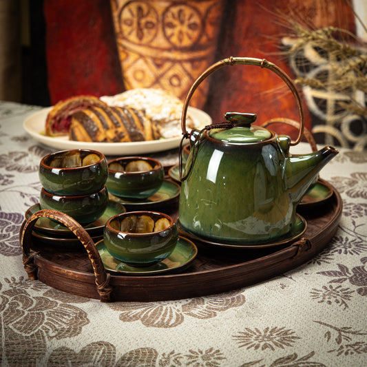 Green/Brown Ceramic Tea Set with 1 Teapot, 6 Flower Tea Cups & Round Coasters