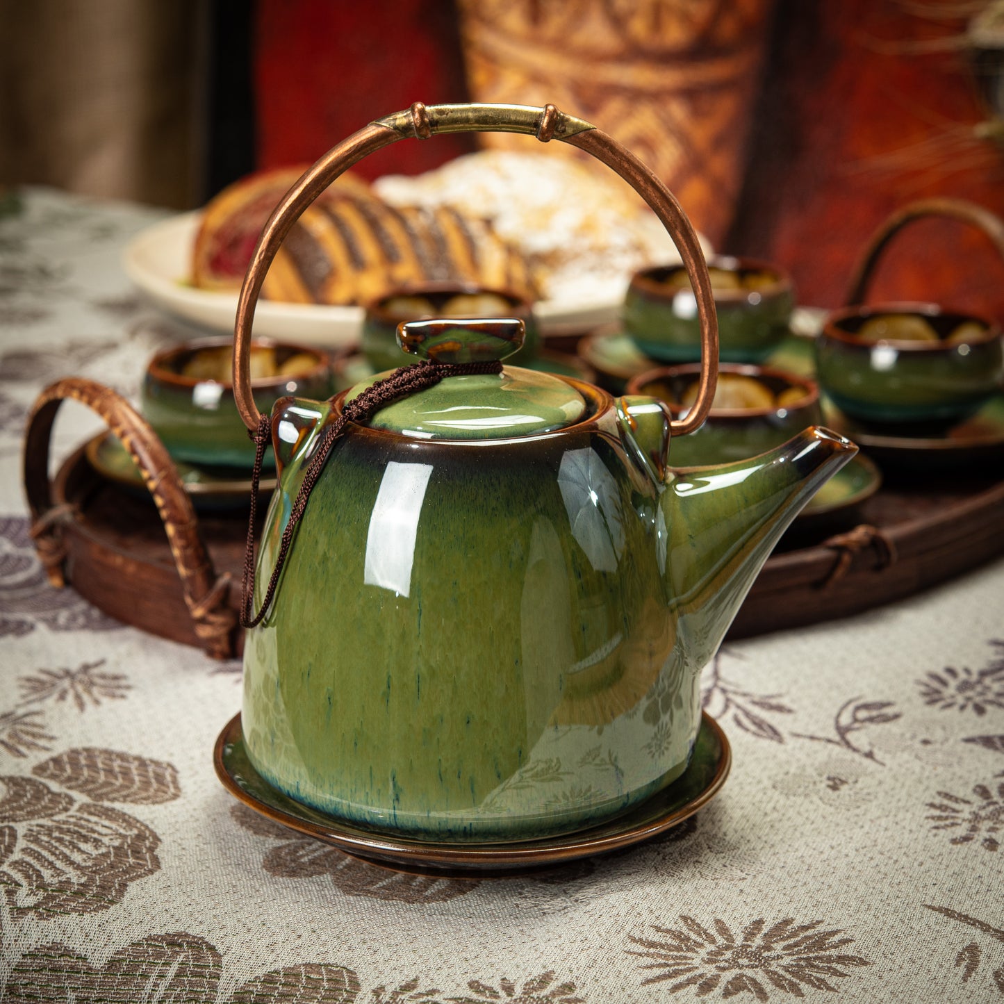 Green/Brown Ceramic Tea Set with 1 Teapot, 6 Flower Tea Cups & Round Coasters