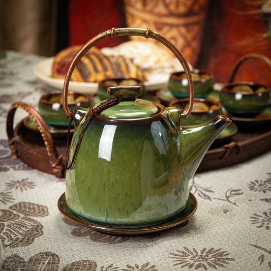 Green/Brown Ceramic Tea Set with 1 Teapot, 6 Flower Tea Cups & Round Coasters