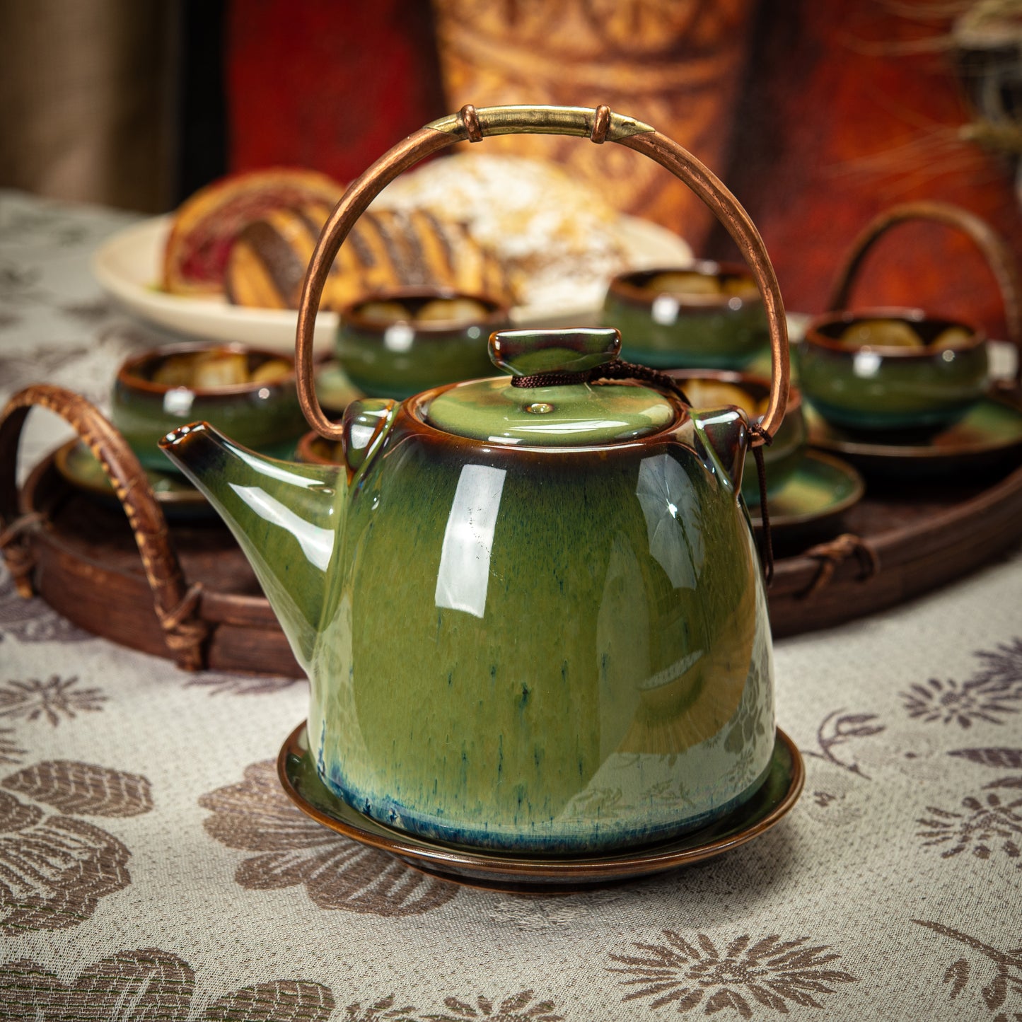 Green/Brown Ceramic Tea Set with 1 Teapot, 6 Flower Tea Cups & Round Coasters