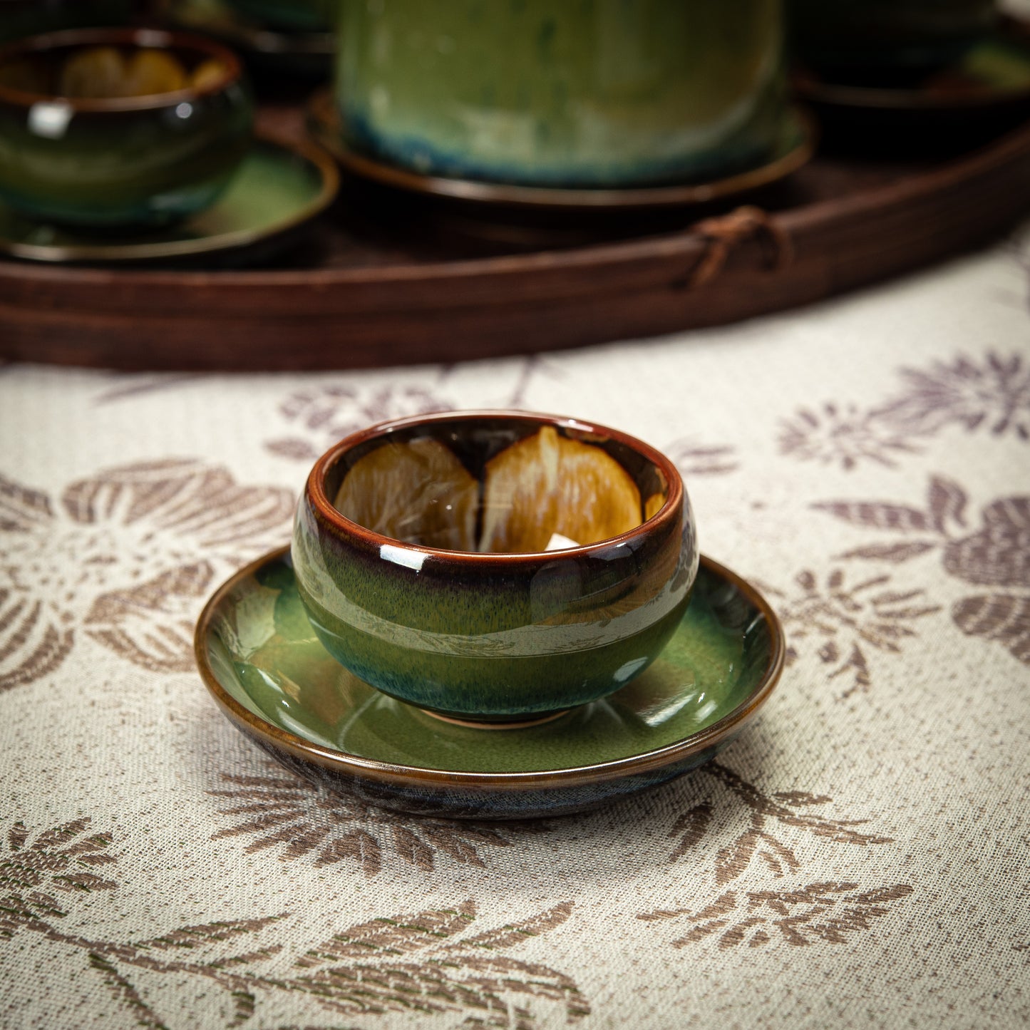 Green/Brown Ceramic Tea Set with 1 Teapot, 6 Flower Tea Cups & Round Coasters
