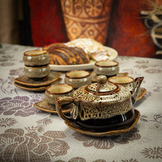 Brown-Speckled Cream Stoneware Tea Set with 1 Teapot, 6 Tea Cups & Square Saucers