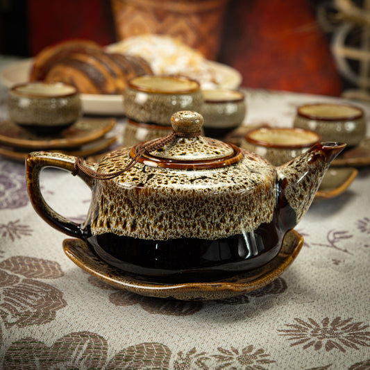 Brown-Speckled Cream Stoneware Tea Set with 1 Teapot, 6 Tea Cups & Square Saucers