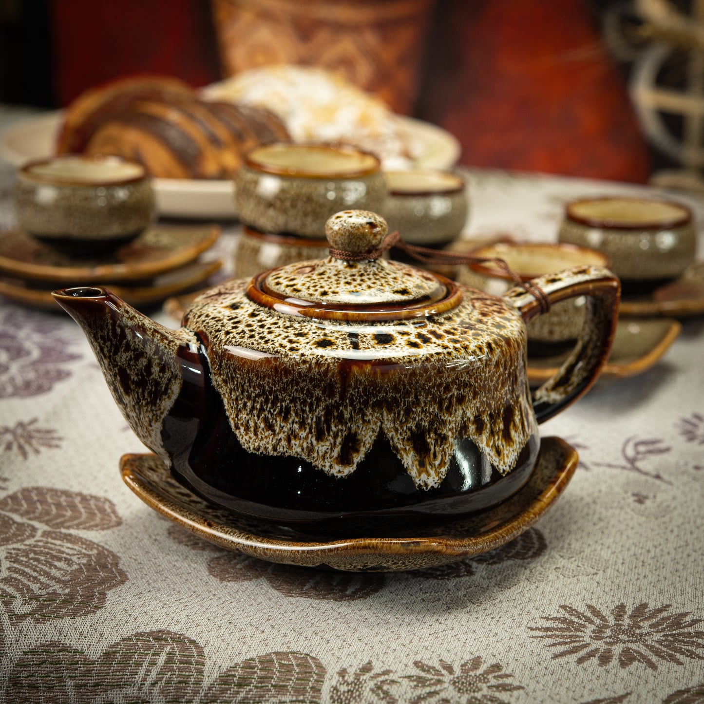 Brown-Speckled Cream Stoneware Tea Set with 1 Teapot, 6 Tea Cups & Square Saucers