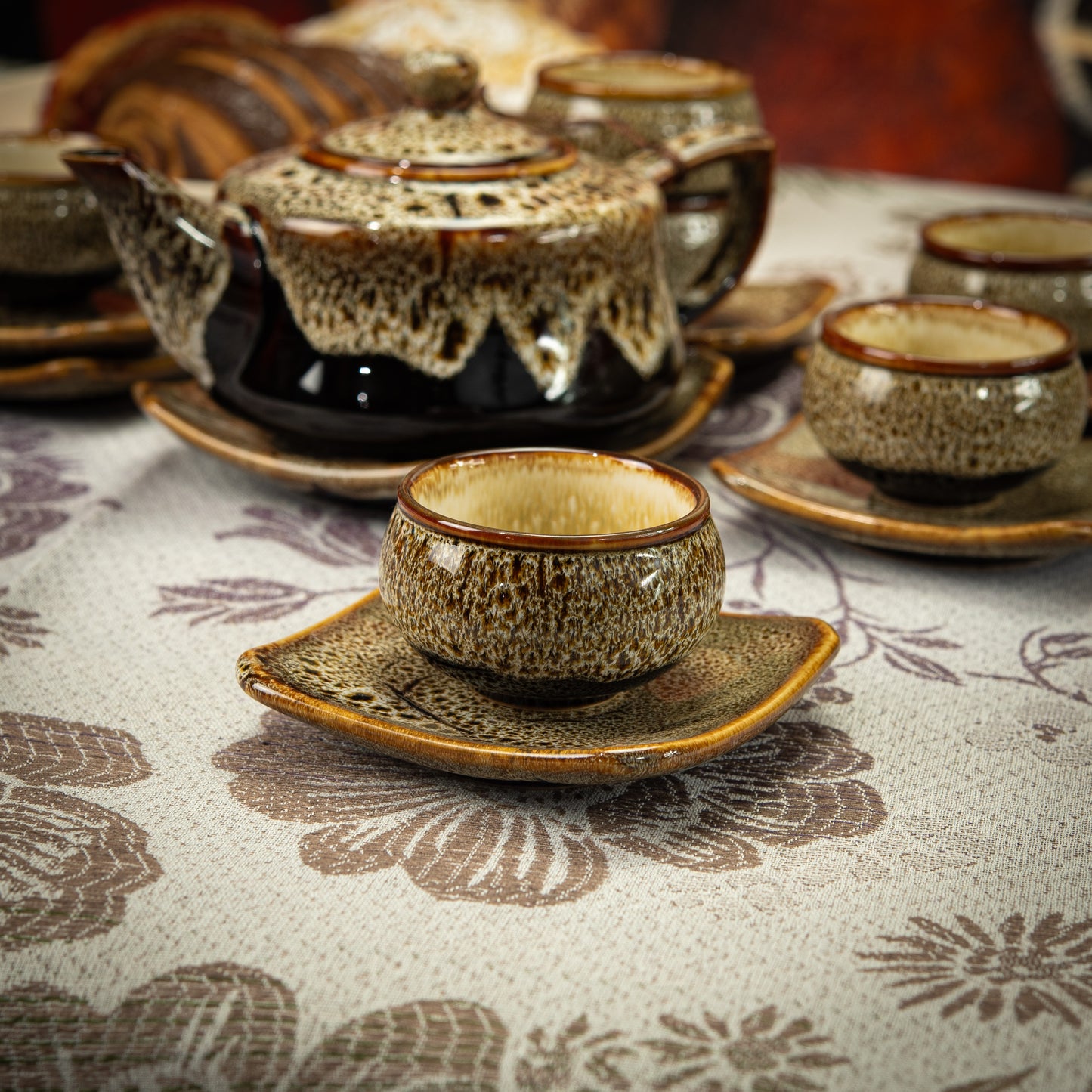 Brown-Speckled Cream Stoneware Tea Set with 1 Teapot, 6 Tea Cups & Square Saucers