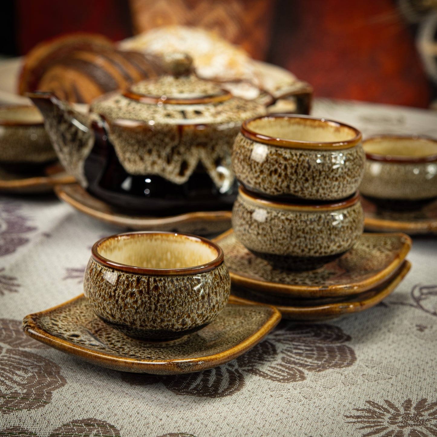 Brown-Speckled Cream Stoneware Tea Set with 1 Teapot, 6 Tea Cups & Square Saucers