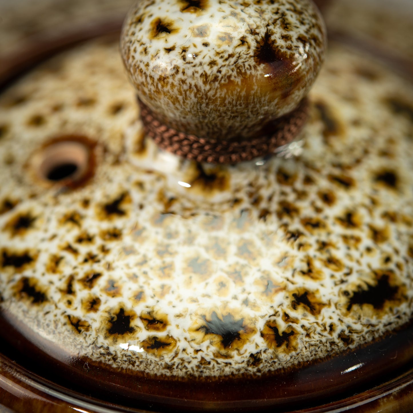 Brown-Speckled Cream Stoneware Tea Set with 1 Teapot, 6 Tea Cups & Square Saucers