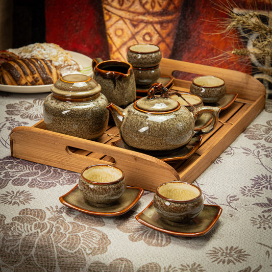 Textured Brown Stoneware Tea Set with Teapot, Jug, Jar & 6 Tea Cups with Square Saucers