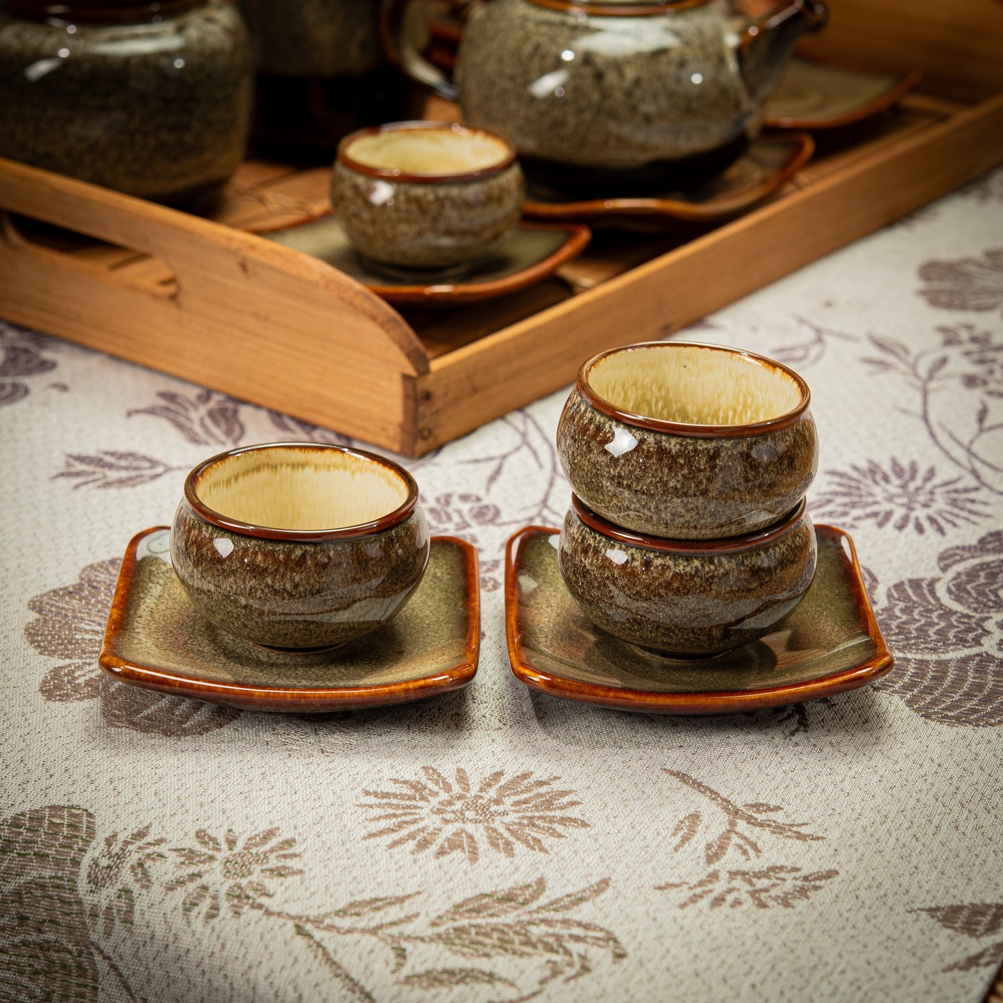 Textured Brown Stoneware Tea Set with Teapot, Jug, Jar & 6 Tea Cups with Square Saucers