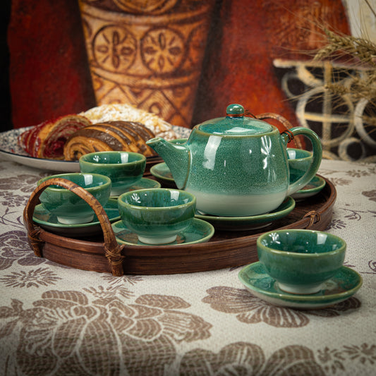 Turquoise Stoneware Tea Set with 1 Teapot, 6 Tea Cups & Round Saucers