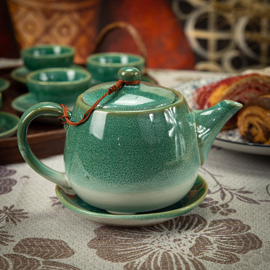 Turquoise Stoneware Tea Set with 1 Teapot, 6 Tea Cups & Round Saucers