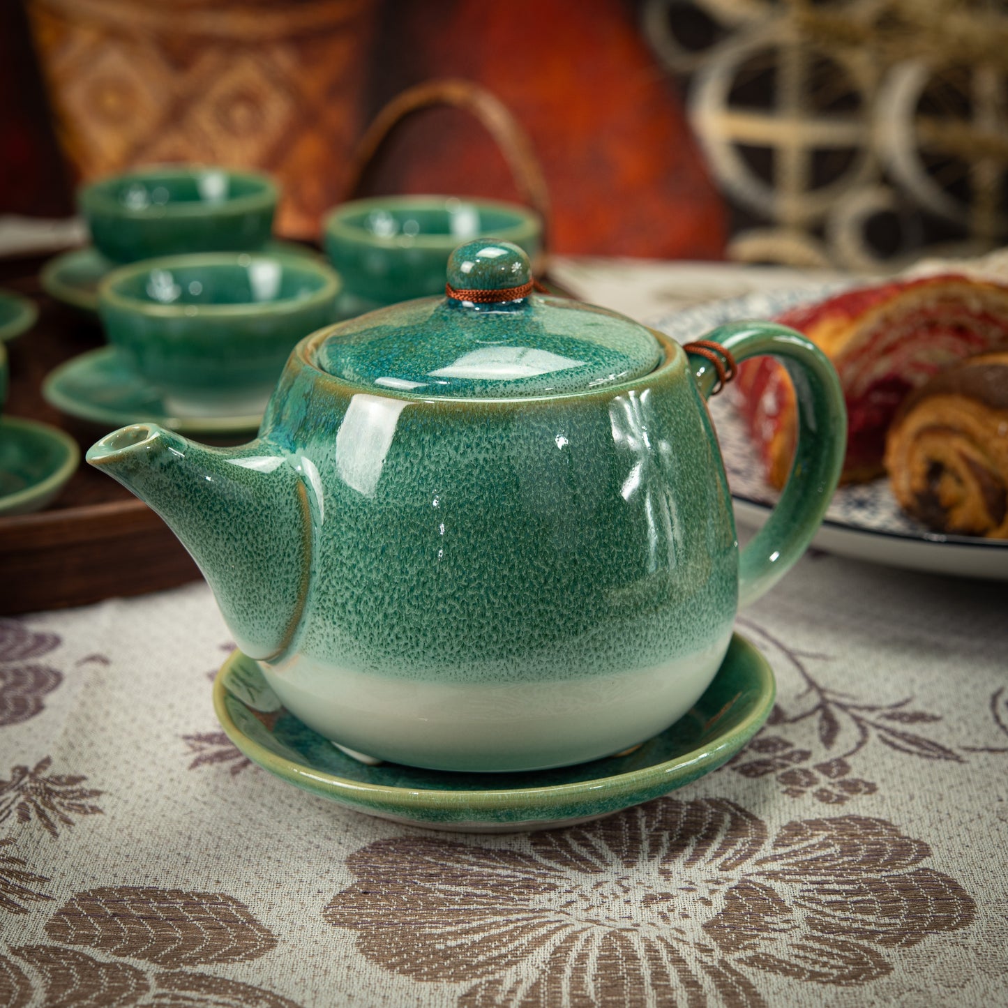 Turquoise Stoneware Tea Set with 1 Teapot, 6 Tea Cups & Round Saucers