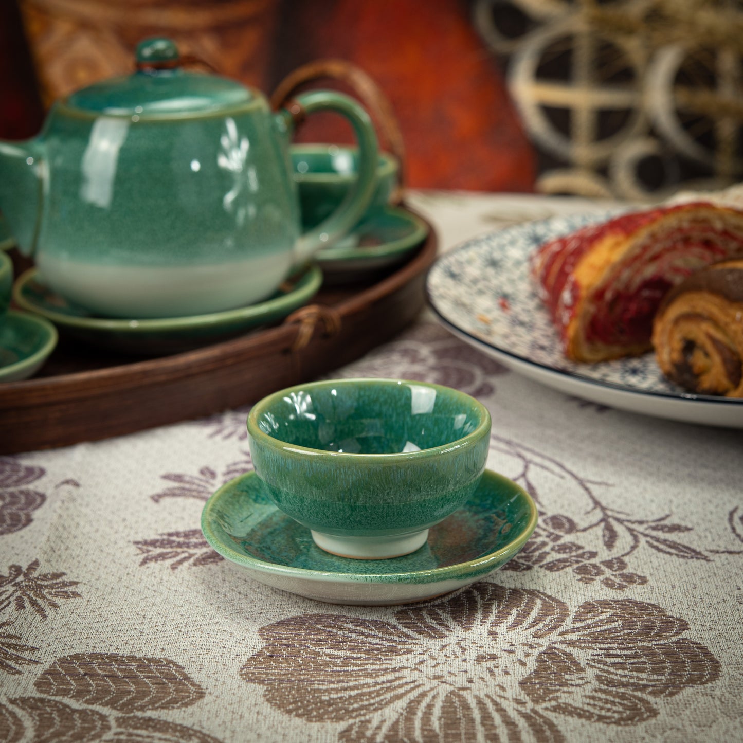 Turquoise Stoneware Tea Set with 1 Teapot, 6 Tea Cups & Round Saucers