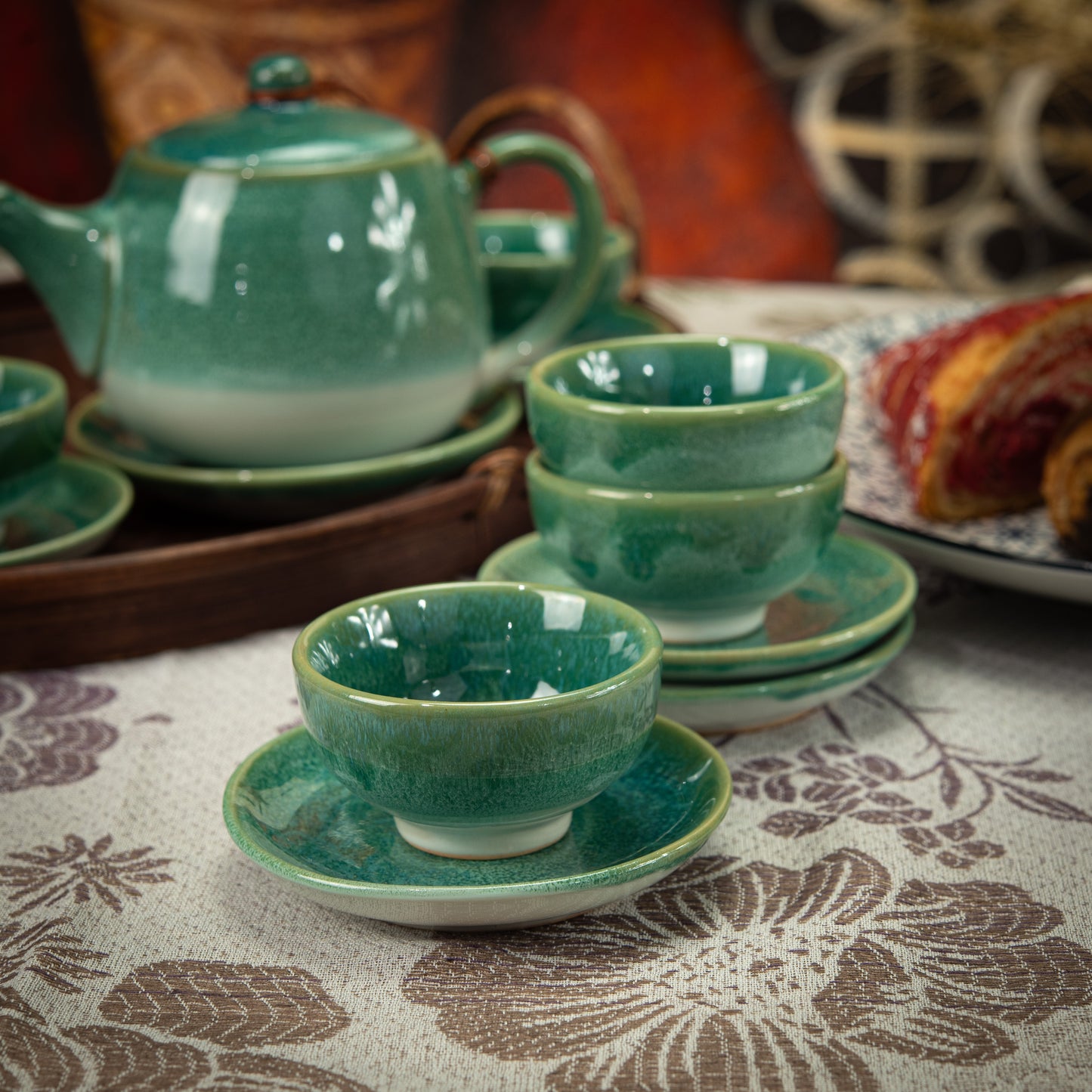 Turquoise Stoneware Tea Set with 1 Teapot, 6 Tea Cups & Round Saucers