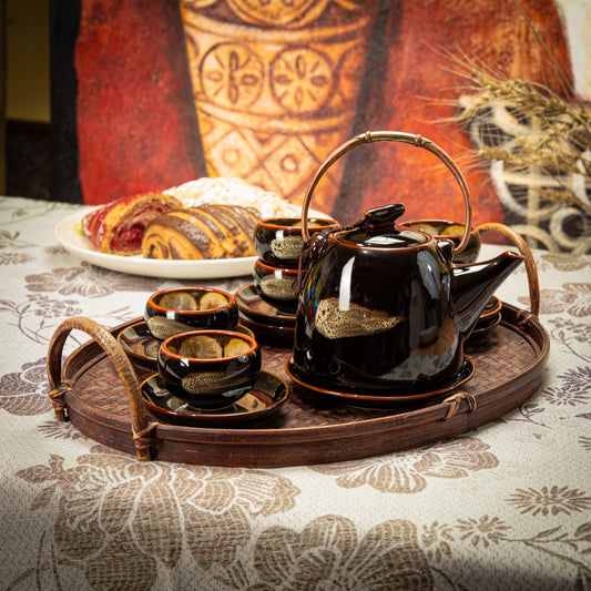 Dark Brown Stoneware Tea Set with 1 Teapot, 6 White Flower Tea Cups & Round Coasters