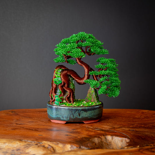Wire Bonsai Over Rock, 20cm