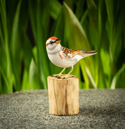 Hand Made Hand Painted Wooden Sculpture of a Chipping Sparrow