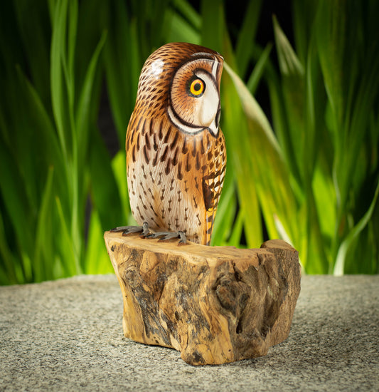 Hand Made Hand Painted Wooden Sculpture of a Short-Eared Owl