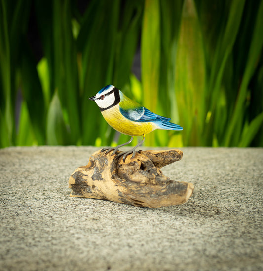 Hand Made Hand Painted Wooden Sculpture of a Eurasian Blue Tit