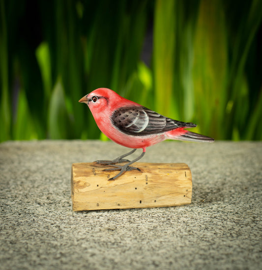 Hand Made Hand Painted Wooden Sculpture of a Pine Grosbeak